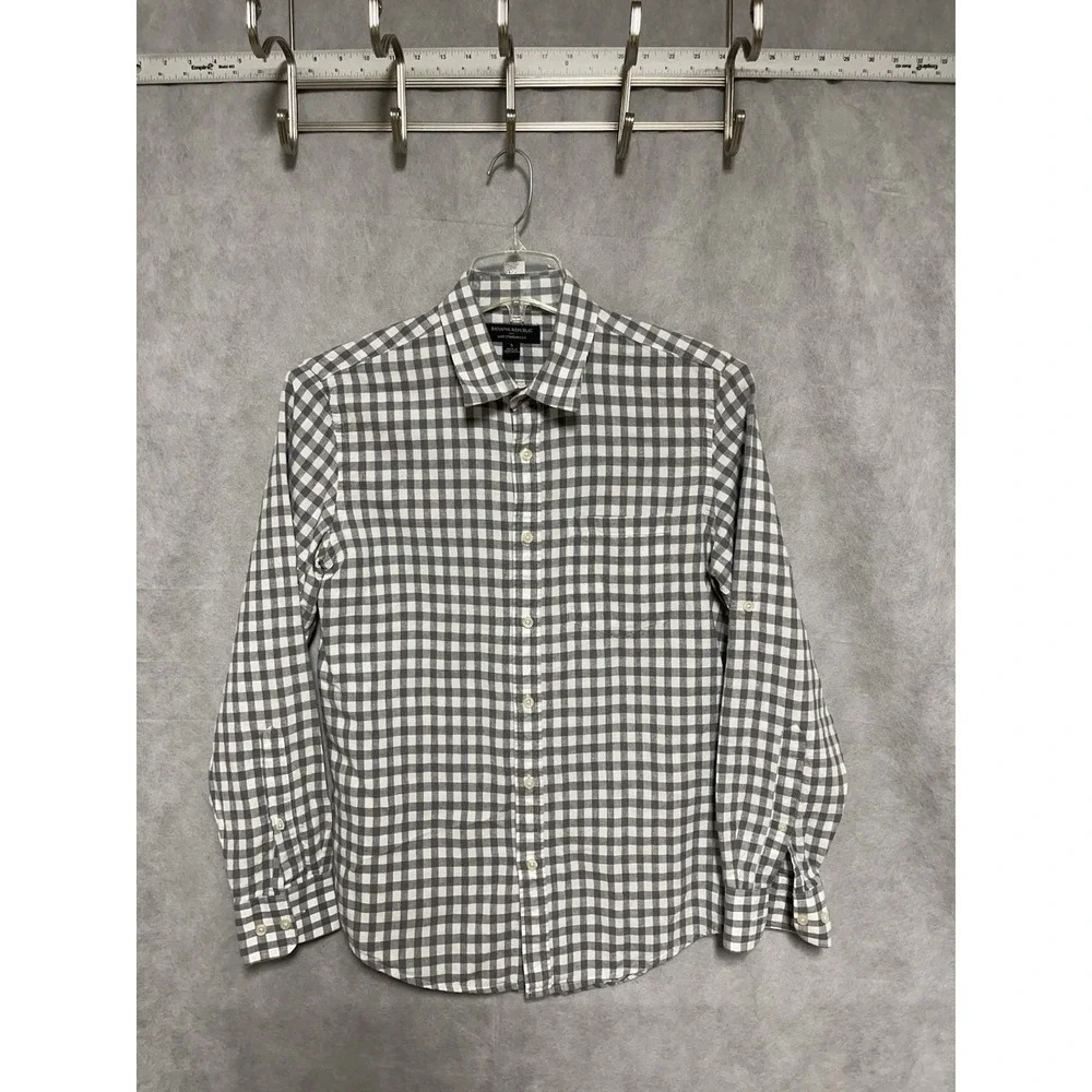 Banana Republic Shirt Men S Standard Gingham Check‎ Linen Cotton Roll Up Sleeves